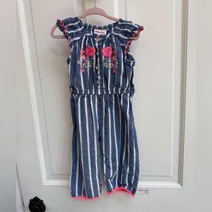 Little Lass 3T Girls Blue and White Striped Short Sleeve Jumpsuit Floral Accents